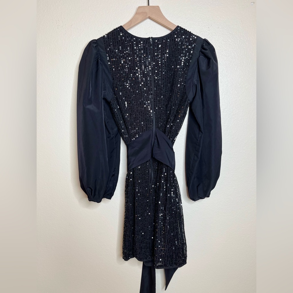 LDT Black Dress Sequin Mini Puff Sleeve Tie Waist Cocktail Holiday Party Glam - Picture 3 of 13